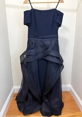 A Exclusive Formal Gown – Navy Off‑Shoulder Column Dress w/ Organza Overlay